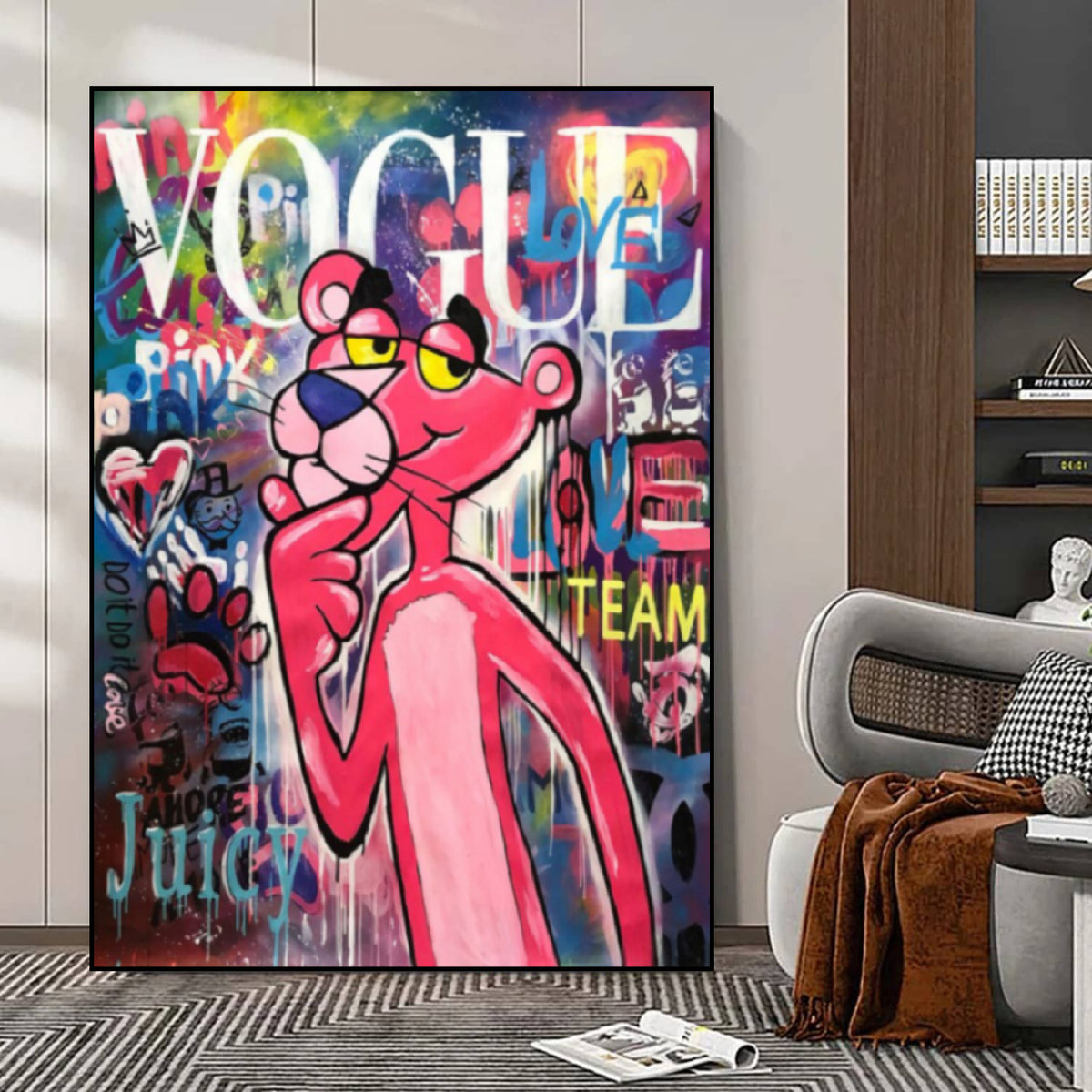 Room mockup showing pink Panther with a finger under his chin against colourful graffiti, with large white Vogue lettering above.
