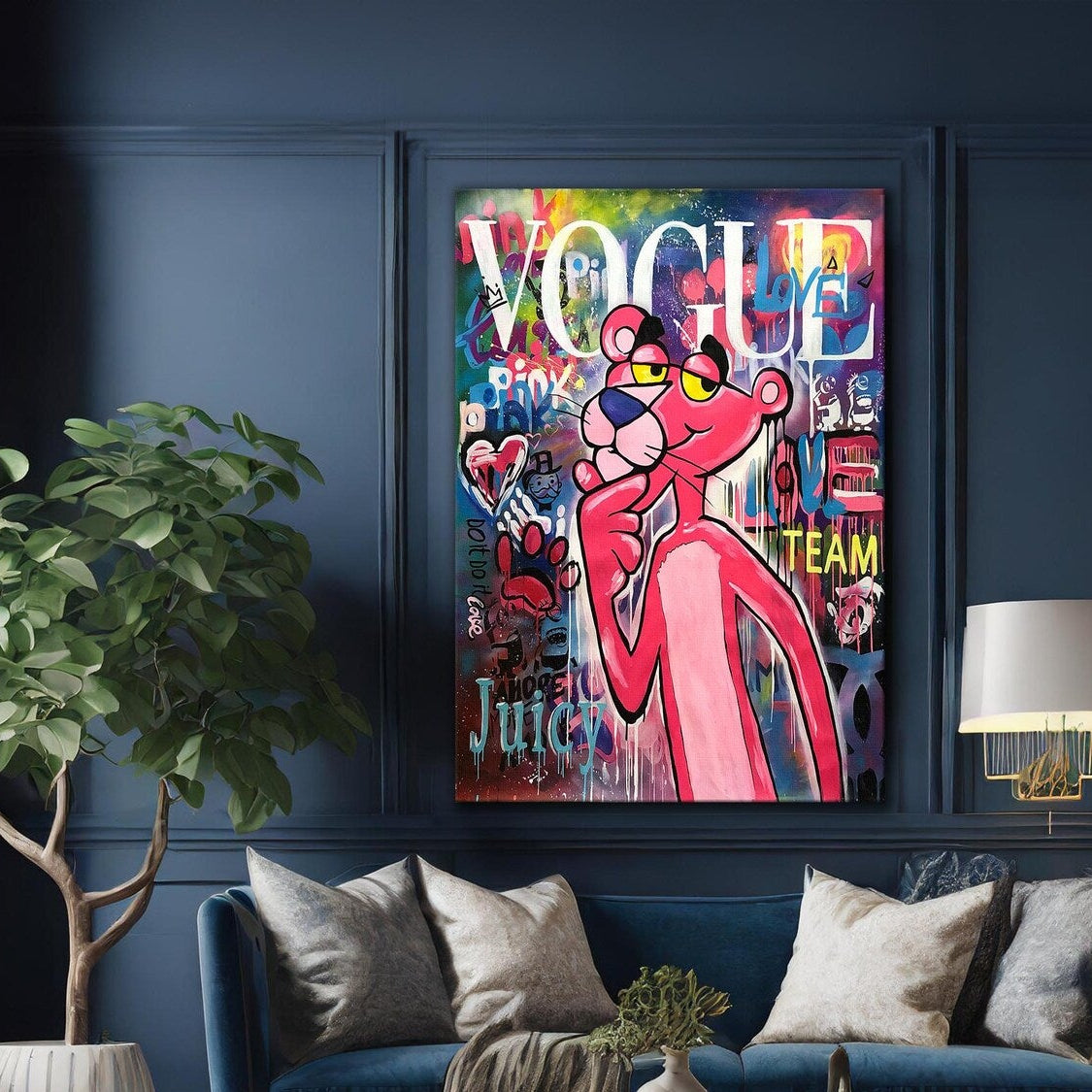 Room mockup showing pink Panther with a finger under his chin against colourful graffiti, with large white Vogue lettering above.