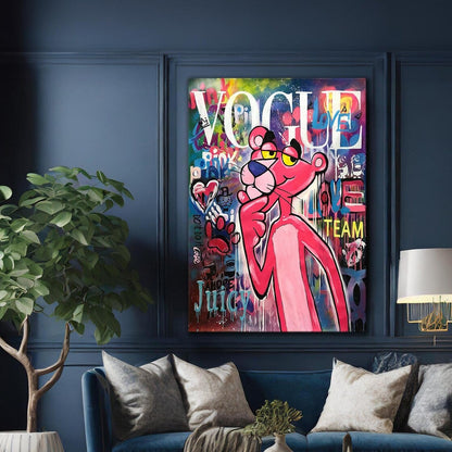 Room mockup showing pink Panther with a finger under his chin against colourful graffiti, with large white Vogue lettering above.