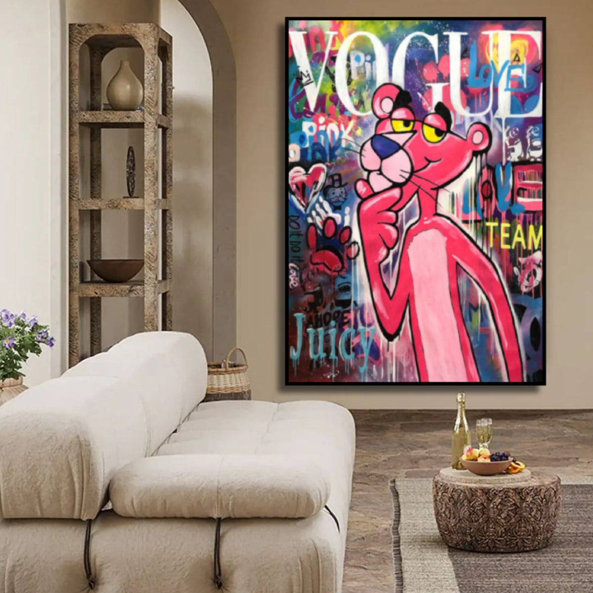 Room mockup showing pink Panther with a finger under his chin against colourful graffiti, with large white Vogue lettering above.