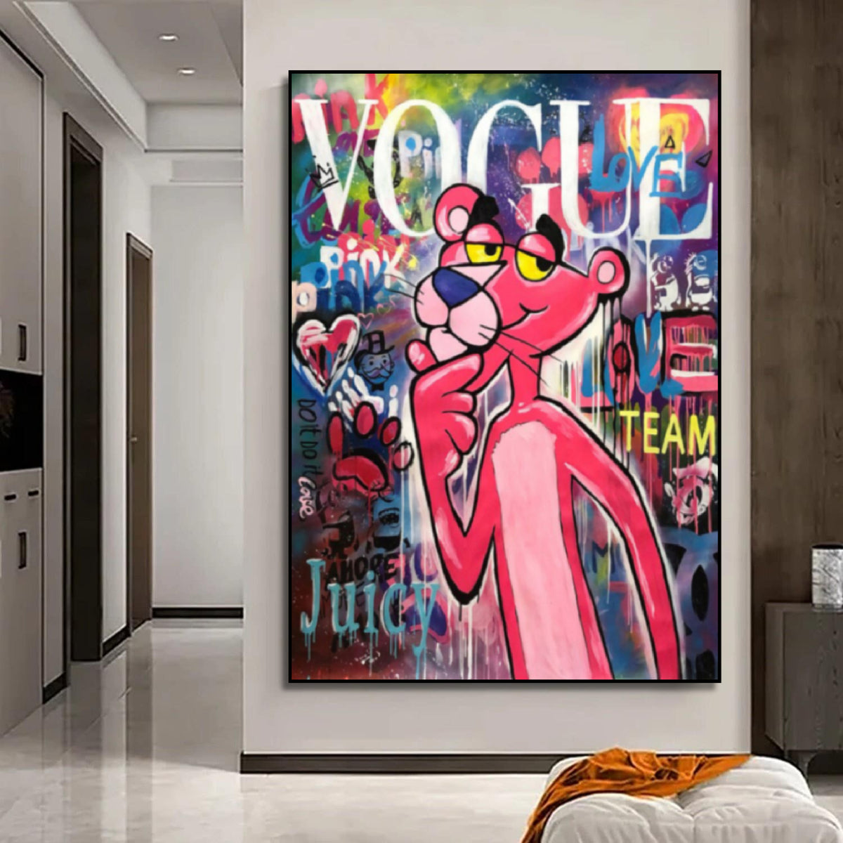 Room mockup showing pink Panther with a finger under his chin against colourful graffiti, with large white Vogue lettering above.