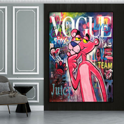 Room mockup showing pink Panther with a finger under his chin against colourful graffiti, with large white Vogue lettering above.