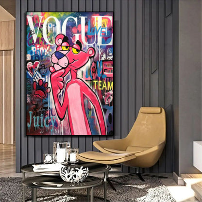 Room mockup showing pink Panther with a finger under his chin against colourful graffiti, with large white Vogue lettering above.