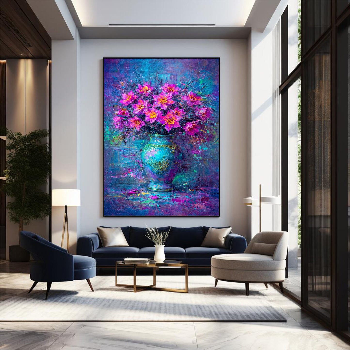 Pink Purple Floral Vase Painting Blue Abstract Art