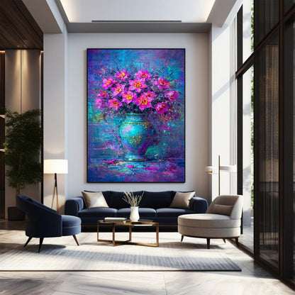 Pink Purple Floral Vase Painting Blue Abstract Art