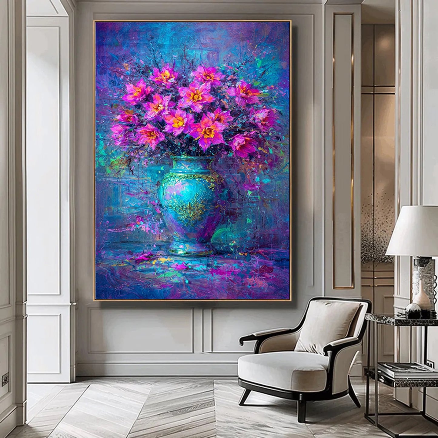 Pink Purple Floral Vase Painting Blue Abstract Art