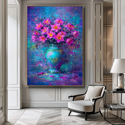 Pink Purple Floral Vase Painting Blue Abstract Art