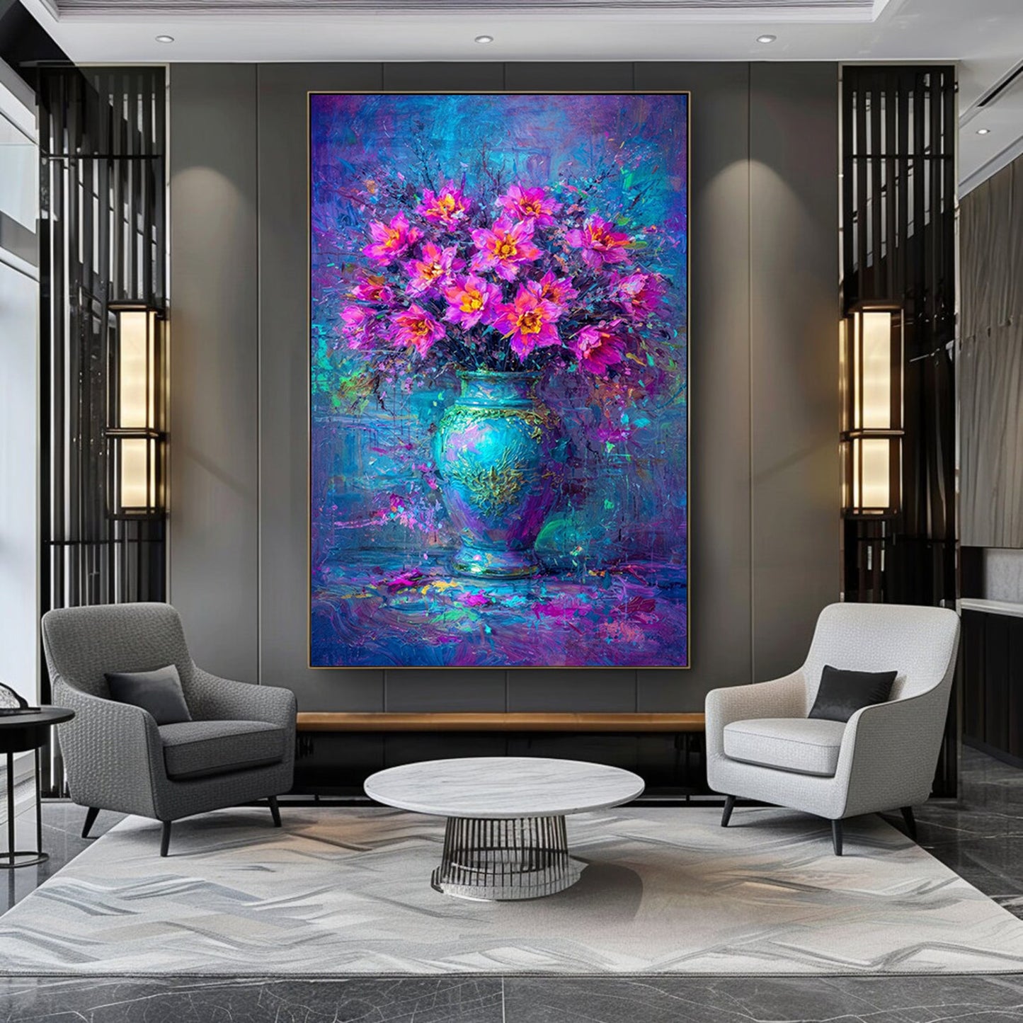 Pink Purple Floral Vase Painting Blue Abstract Art