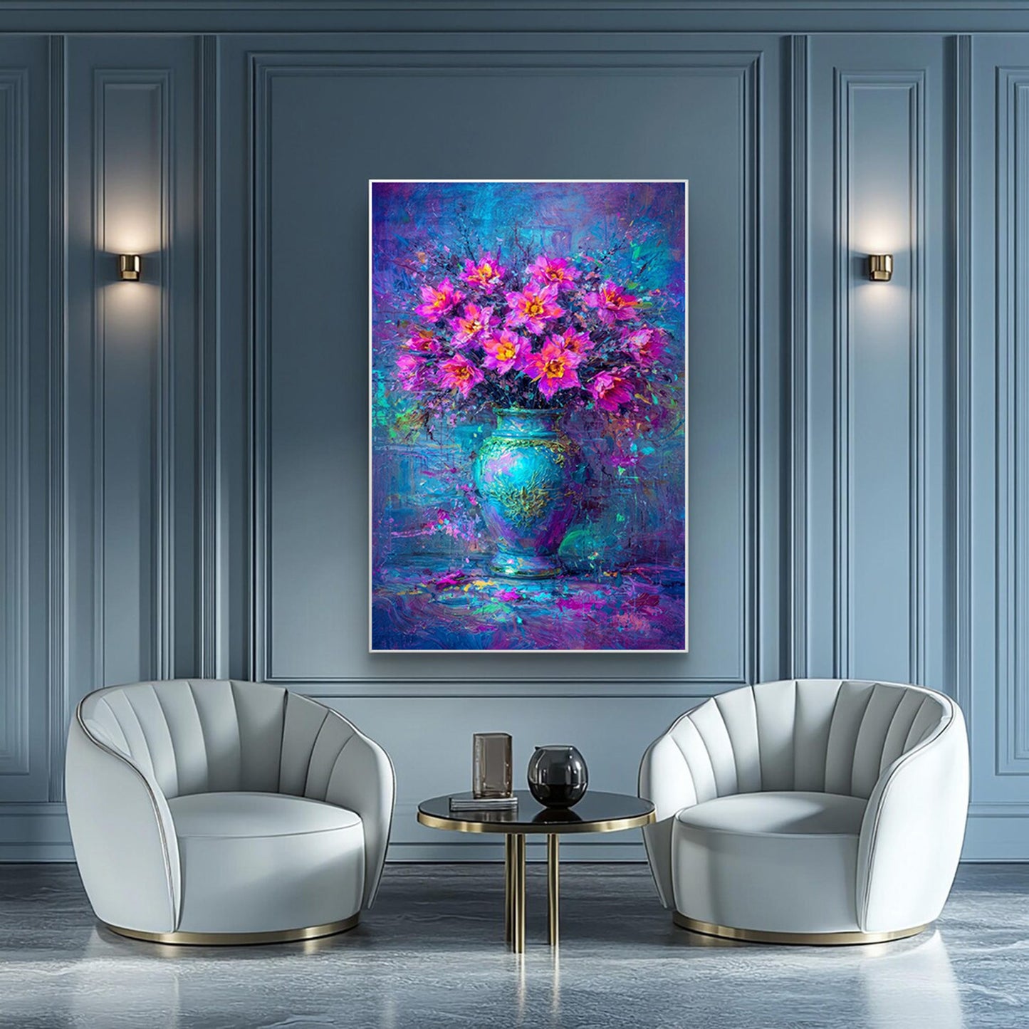 Pink Purple Floral Vase Painting Blue Abstract Art