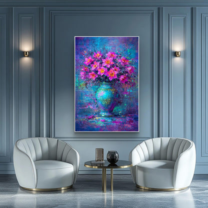 Pink Purple Floral Vase Painting Blue Abstract Art