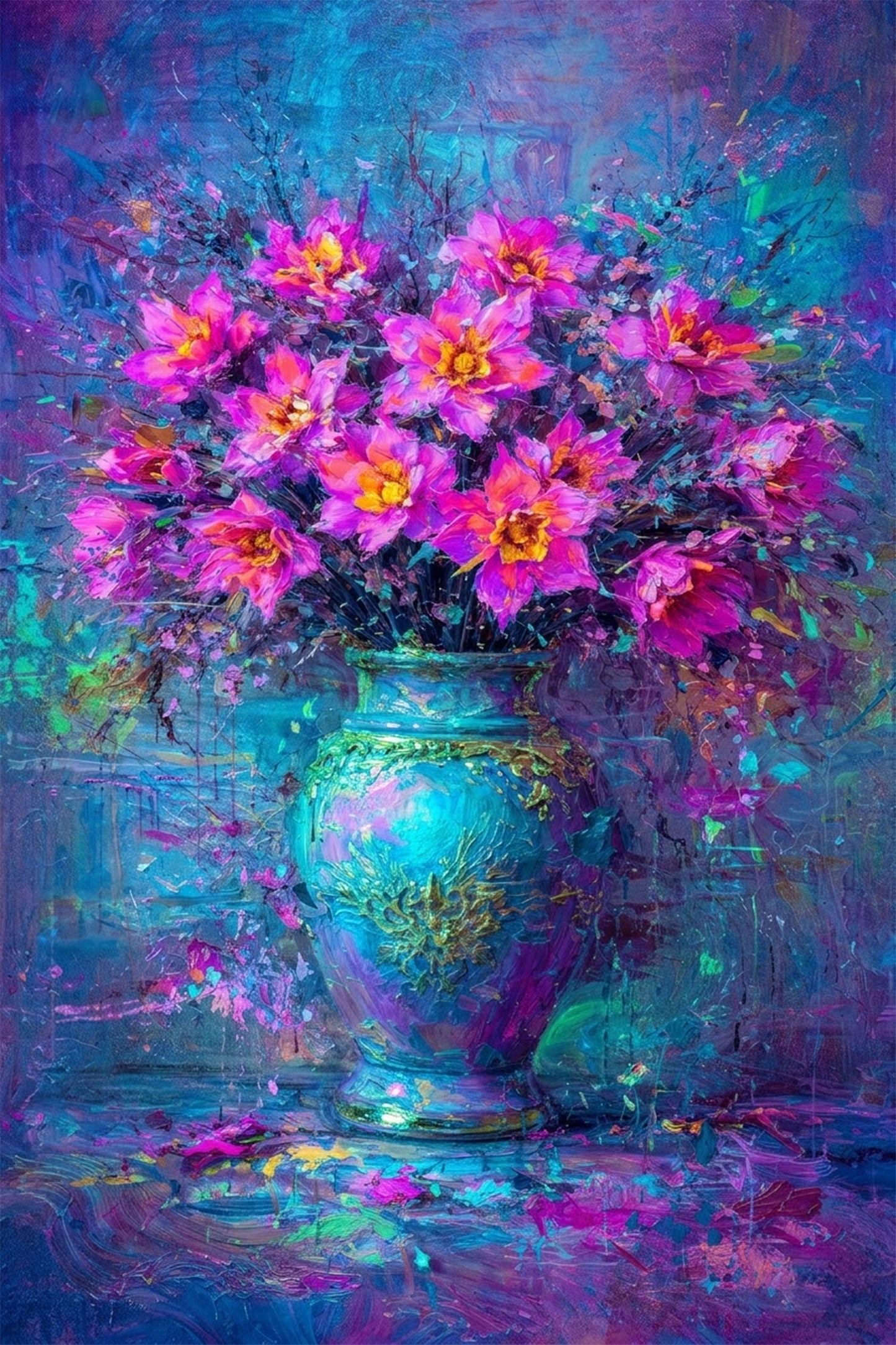 Pink Purple Floral Vase Painting Blue Abstract Art