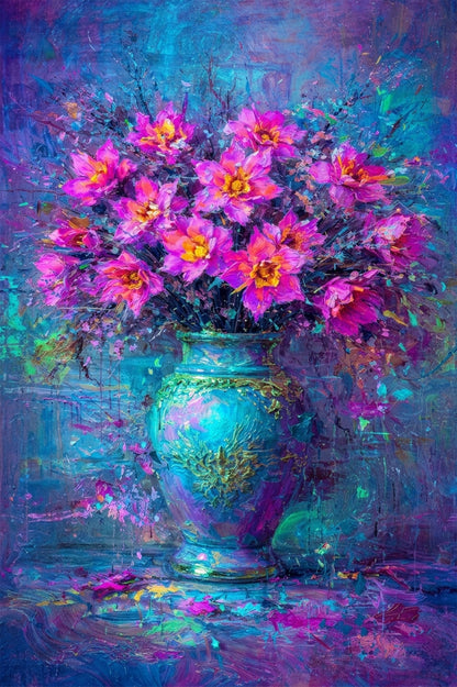 Pink Purple Floral Vase Painting Blue Abstract Art