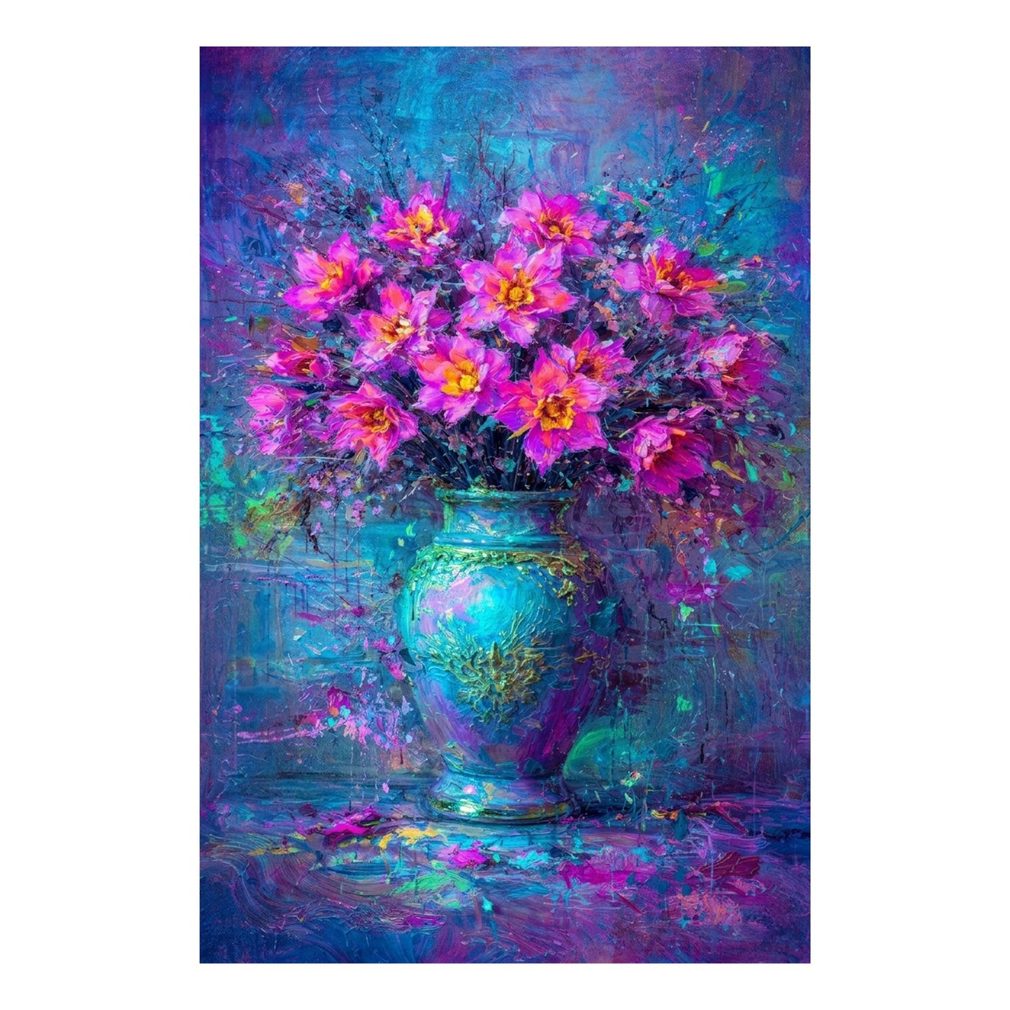 Pink Purple Floral Vase Painting Blue Abstract Art