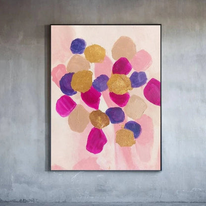 Room mockup showing rounded pink, magenta, purple and gold-coloured patches clustered over a pale blush background.