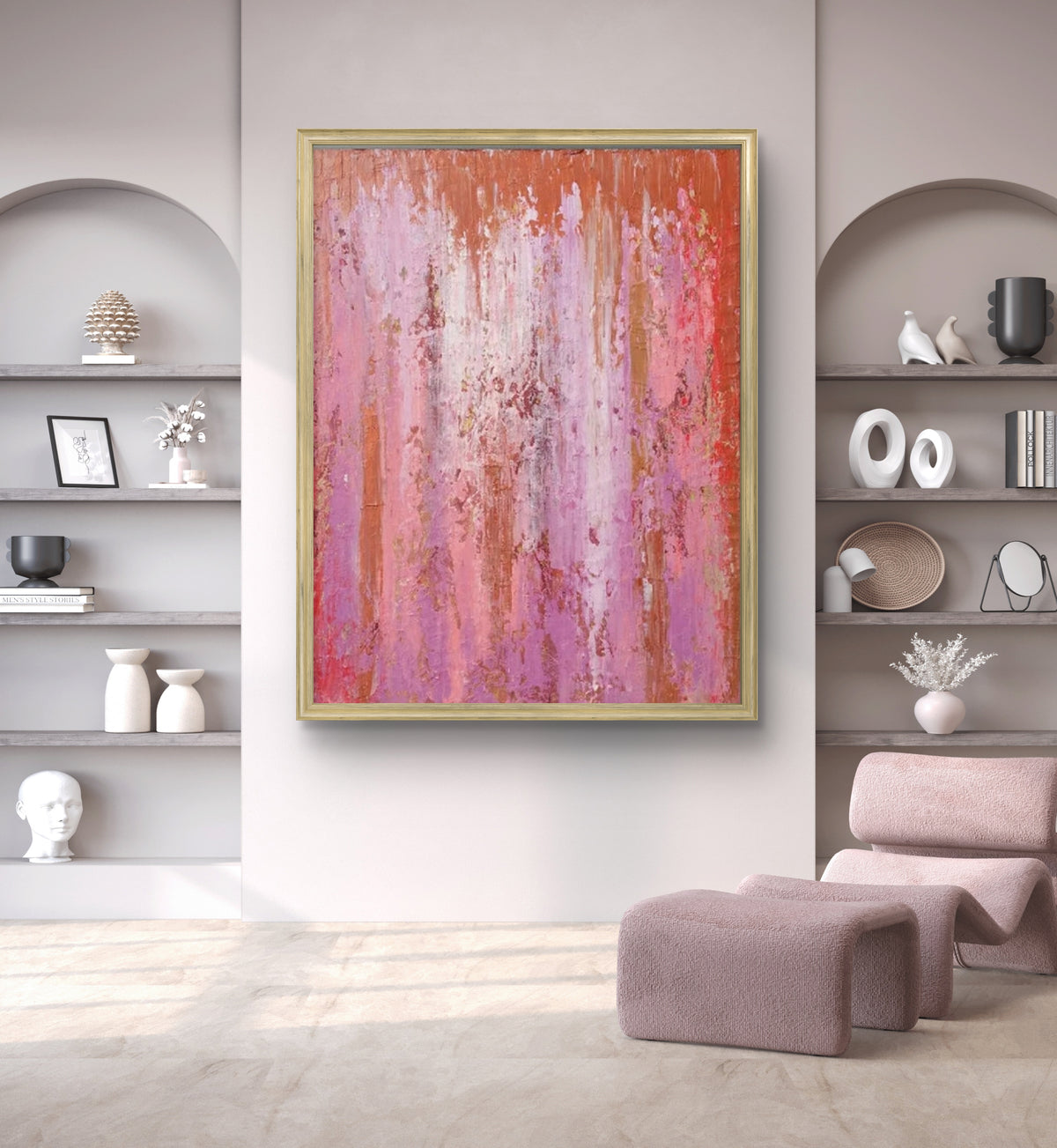 Room mockup showing pink and purple abstract painting with fine vertical drips, red accents and a narrow orange upper band.