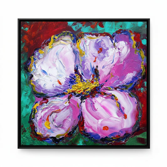 Large pink, purple and white textured flower with a yellow centre against turquoise and deep red areas.