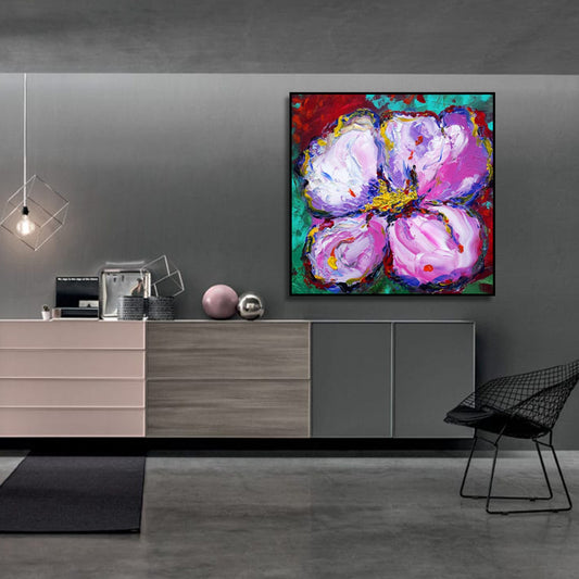Room mockup showing large pink, purple and white textured flower with a yellow centre against turquoise and deep red areas.