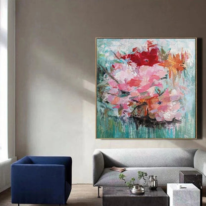 Room mockup showing large pink blossoms with red and orange flowers against a textured turquoise-green background.