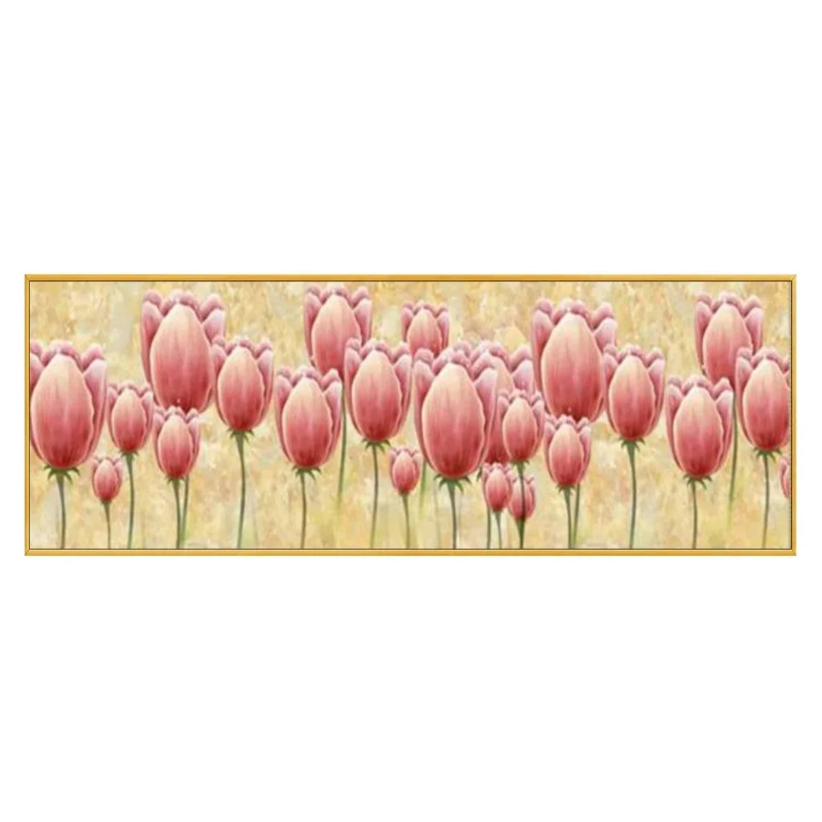 Rows of pink tulips on slender green stems against a softly textured cream and pale yellow background.