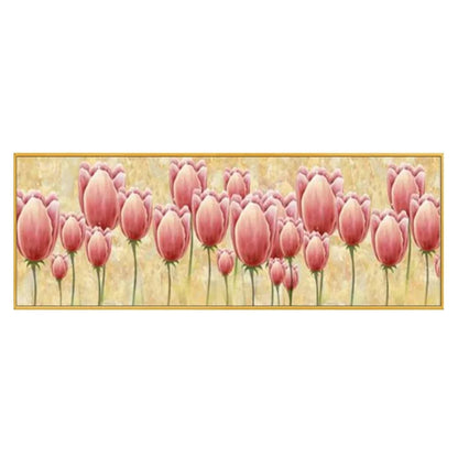 Rows of pink tulips on slender green stems against a softly textured cream and pale yellow background.