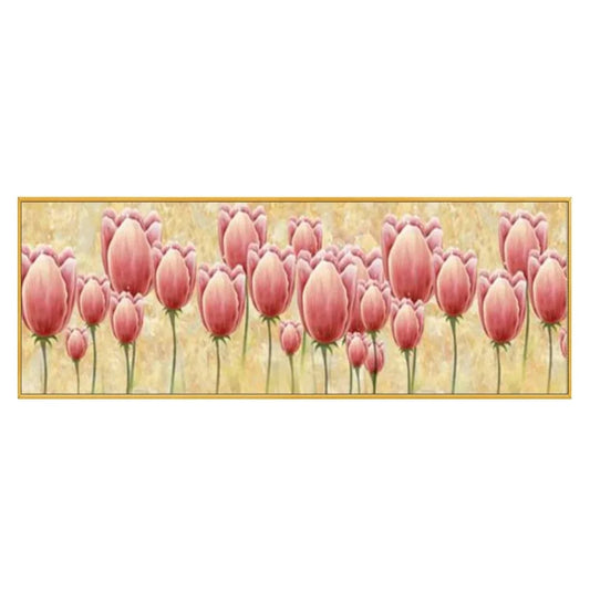 Rows of pink tulips on slender green stems against a softly textured cream and pale yellow background.