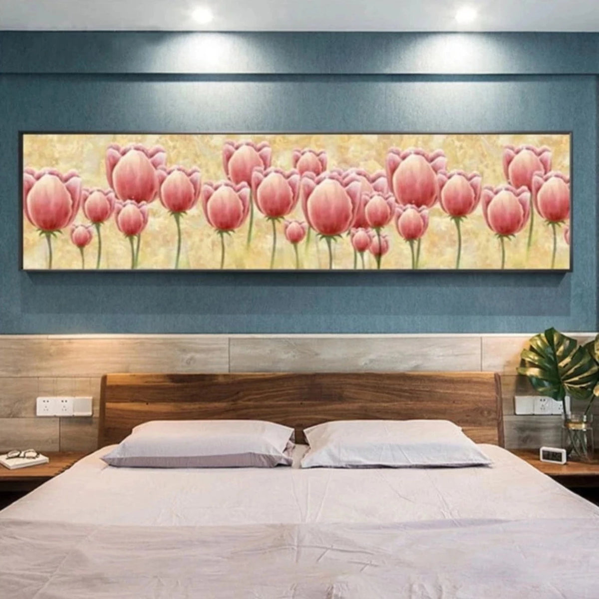 Room mockup showing rows of pink tulips on slender green stems against a softly textured cream and pale yellow background.
