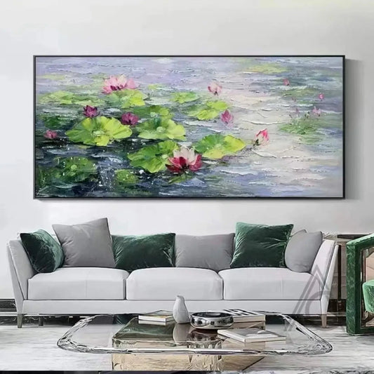 Room mockup showing pink water lilies and bright green lily pads float on softly streaked grey-blue water.