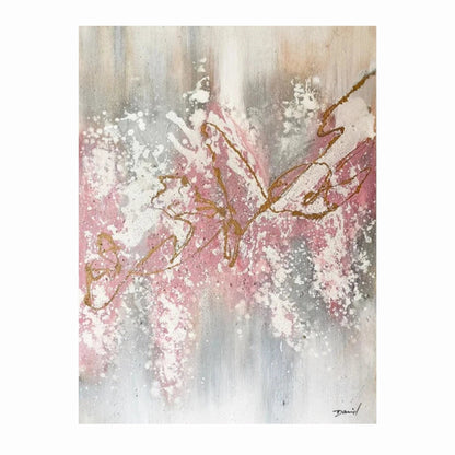 Pink and white blossoms on gold-coloured branches against a vertically streaked grey and cream background.