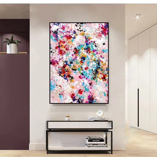 Room mockup showing dense splashes and layered marks in pink, white, turquoise, red, yellow and black.