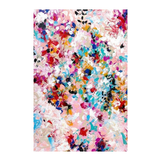 Dense splashes and layered marks in pink, white, turquoise, red, yellow and black.