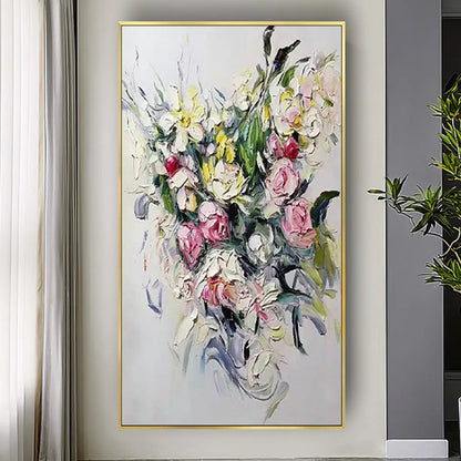 Room mockup. Loose pink roses and white and yellow blossoms with dark green foliage against a pale cream ground.