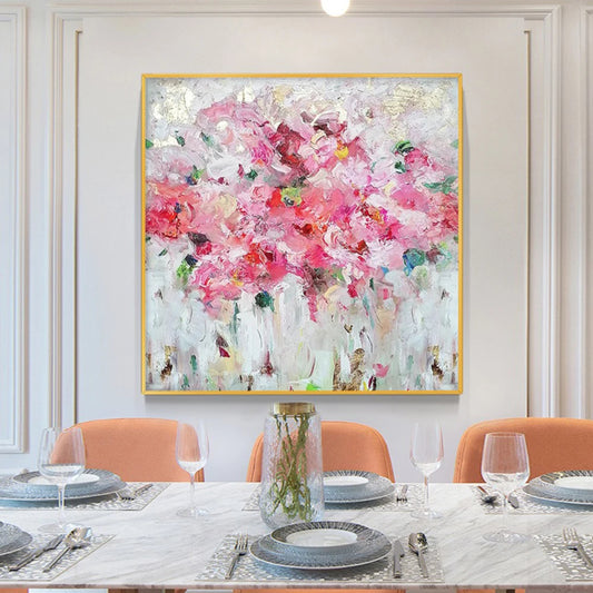 Room mockup showing loose pink and white blossoms with green accents and textured pale strokes.