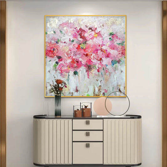 Room mockup showing loose pink and white blossoms with green accents and textured pale strokes.
