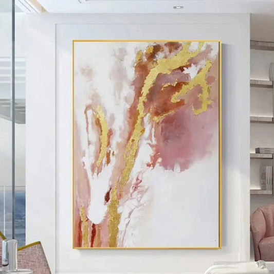 Room mockup showing dusty pink and white abstract fields divided by sweeping gold-coloured bands with warm brown accents.