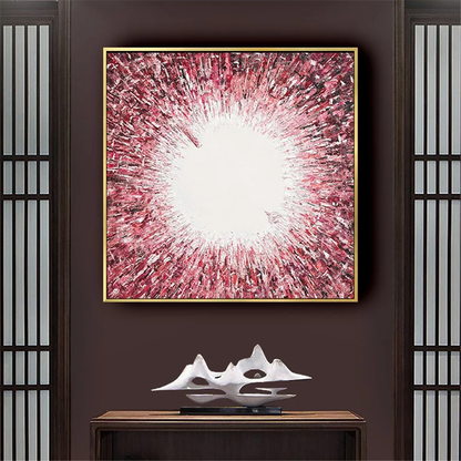 Room mockup showing pink and white abstract painting with dense textured marks radiating around a bright white centre.