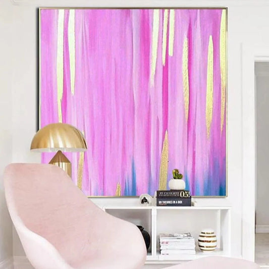 Room mockup showing tall pink and pale yellow streaks with a few blue marks rising along the lower edge of a bright pink field.