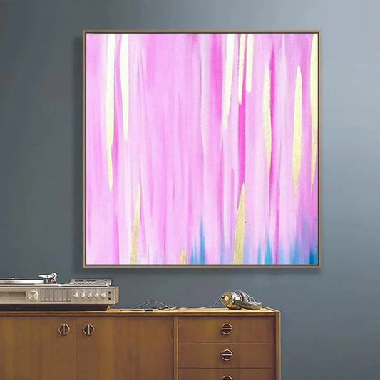 Room mockup showing tall pink and pale yellow streaks with a few blue marks rising along the lower edge of a bright pink field.