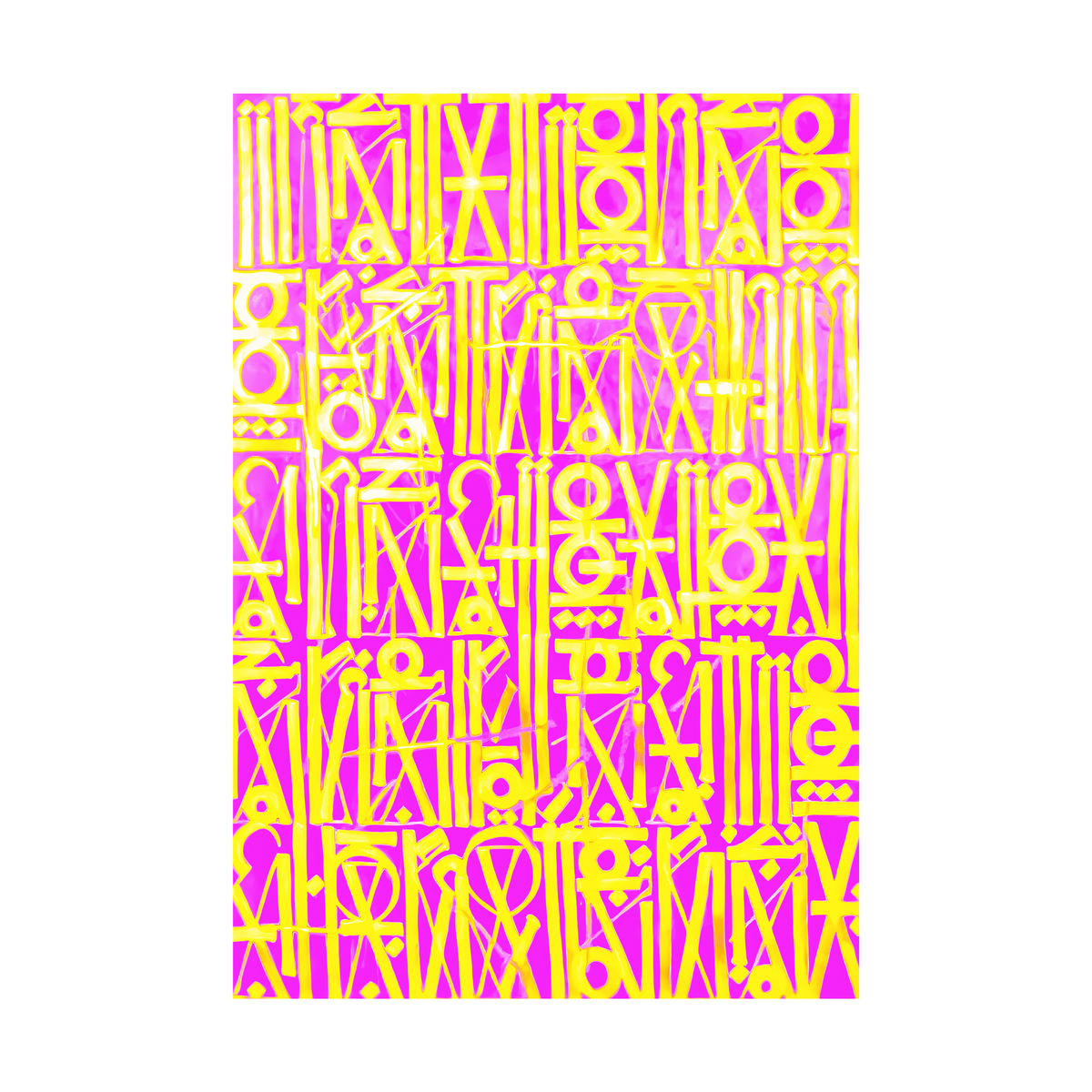 Bright yellow geometric symbols and stylised letterforms in dense rows on a pink background.