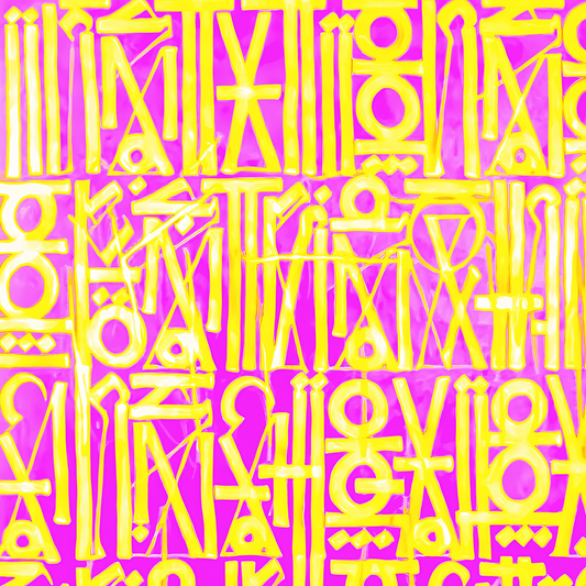 Close-up of bright yellow geometric symbols and stylised letterforms in dense rows on a pink background.