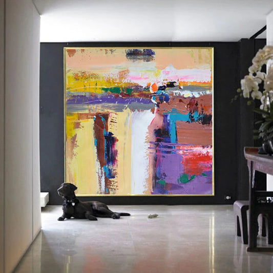 Room mockup showing pink, yellow and purple abstract fields with a broad cream vertical band and turquoise and dark accents.