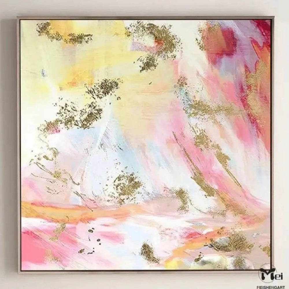 Soft pink, pale yellow and white abstract washes with curved marks and scattered gold-coloured patches.