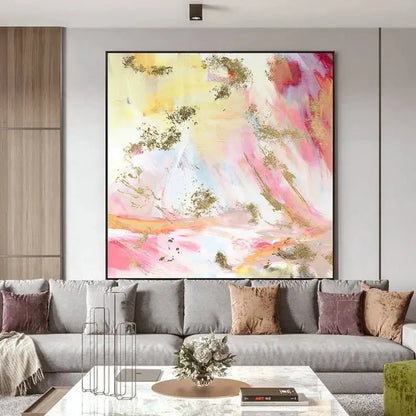 Room mockup showing soft pink, pale yellow and white abstract washes with curved marks and scattered gold-coloured patches.