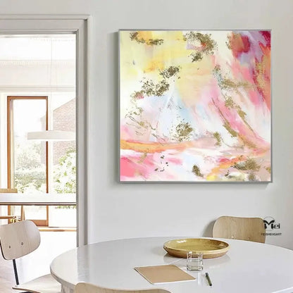 Room mockup showing soft pink, pale yellow and white abstract washes with curved marks and scattered gold-coloured patches.