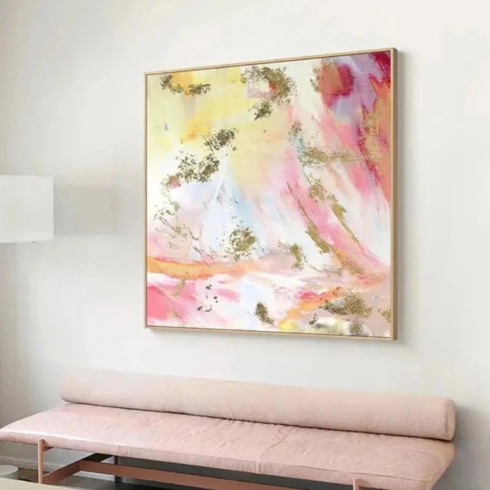 Room mockup showing soft pink, pale yellow and white abstract washes with curved marks and scattered gold-coloured patches.