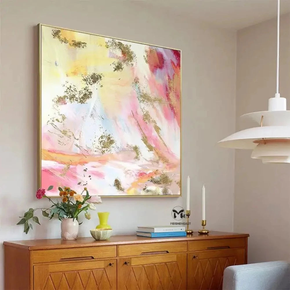 Room mockup showing soft pink, pale yellow and white abstract washes with curved marks and scattered gold-coloured patches.