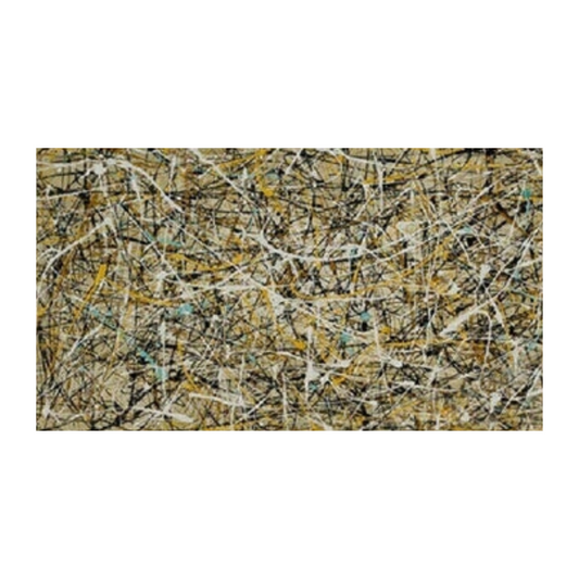 Pollock-inspired beige and ochre drip abstract canvas with white threads, charcoal webs and subtle mint accents, hand-painted wall art