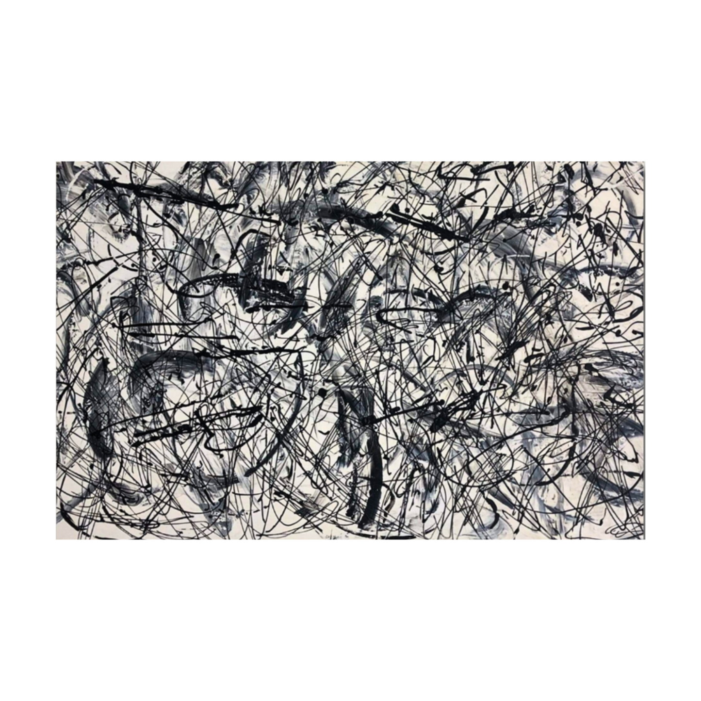 Pollock-inspired black and grey drip abstract canvas with smoky washes on a light background, hand-painted wall art