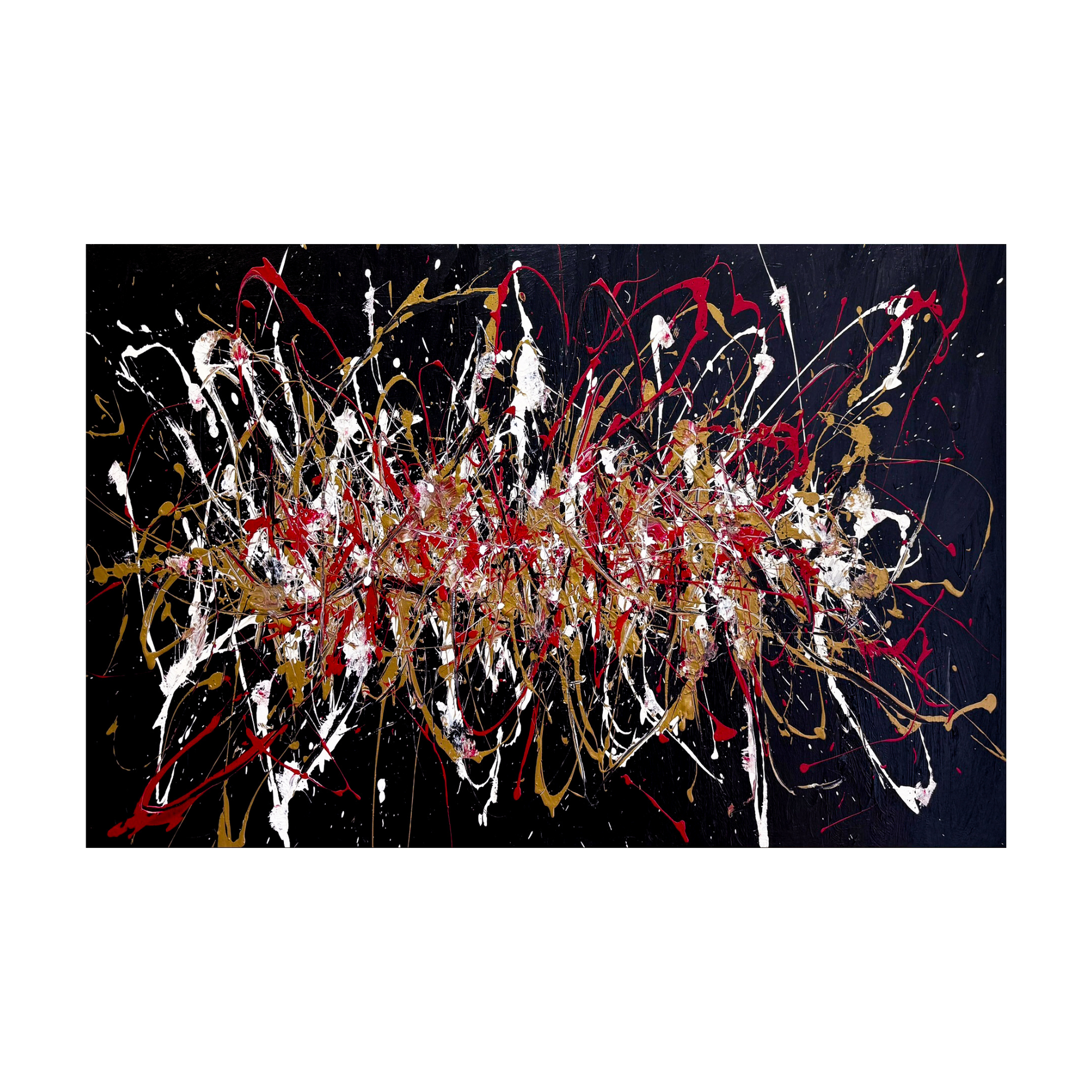 Pollock-inspired black canvas with white, red and gold drip splashes, hand-painted wall art