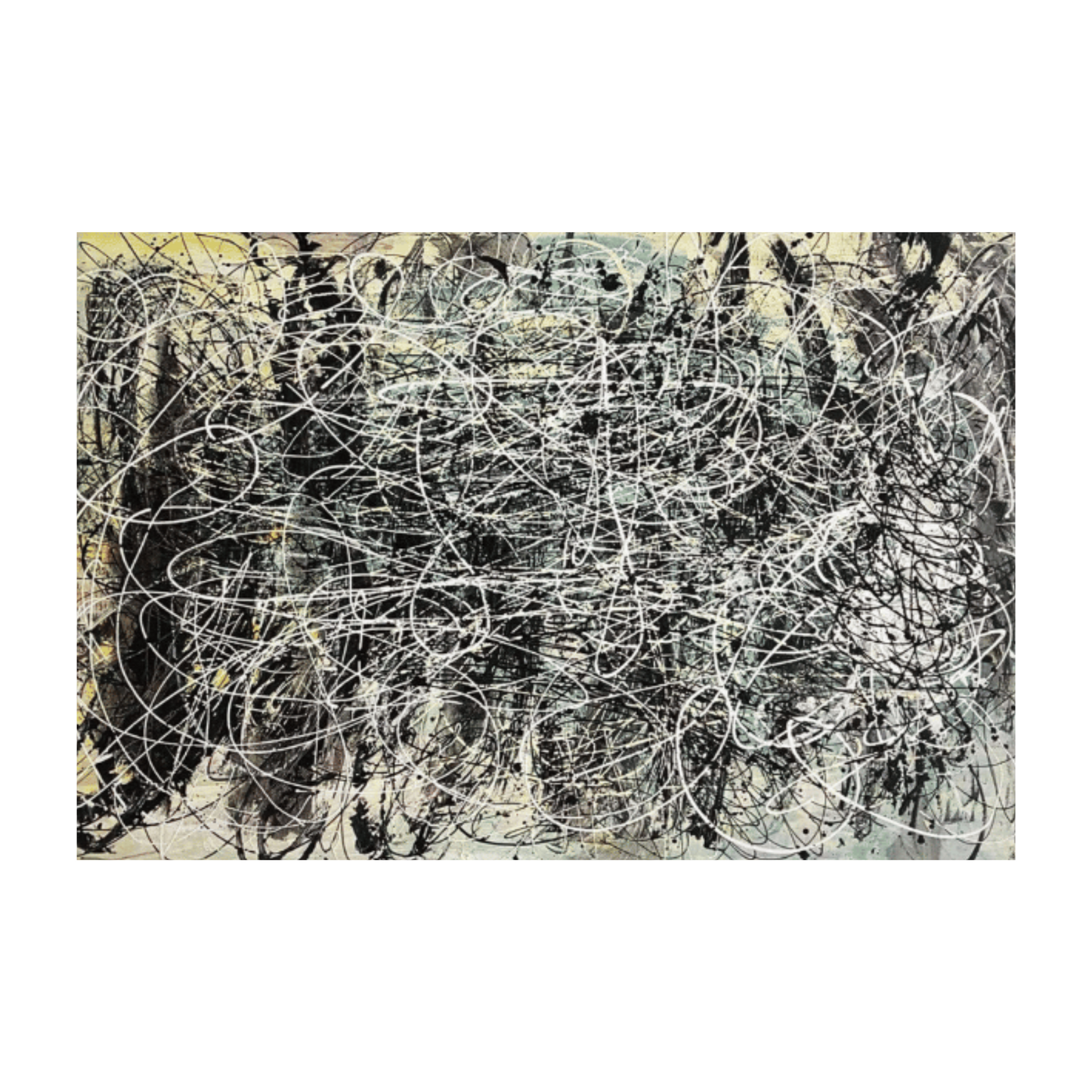 Pollock-inspired black and white drip abstract canvas with charcoal webs and soft grey tones, hand-painted wall art