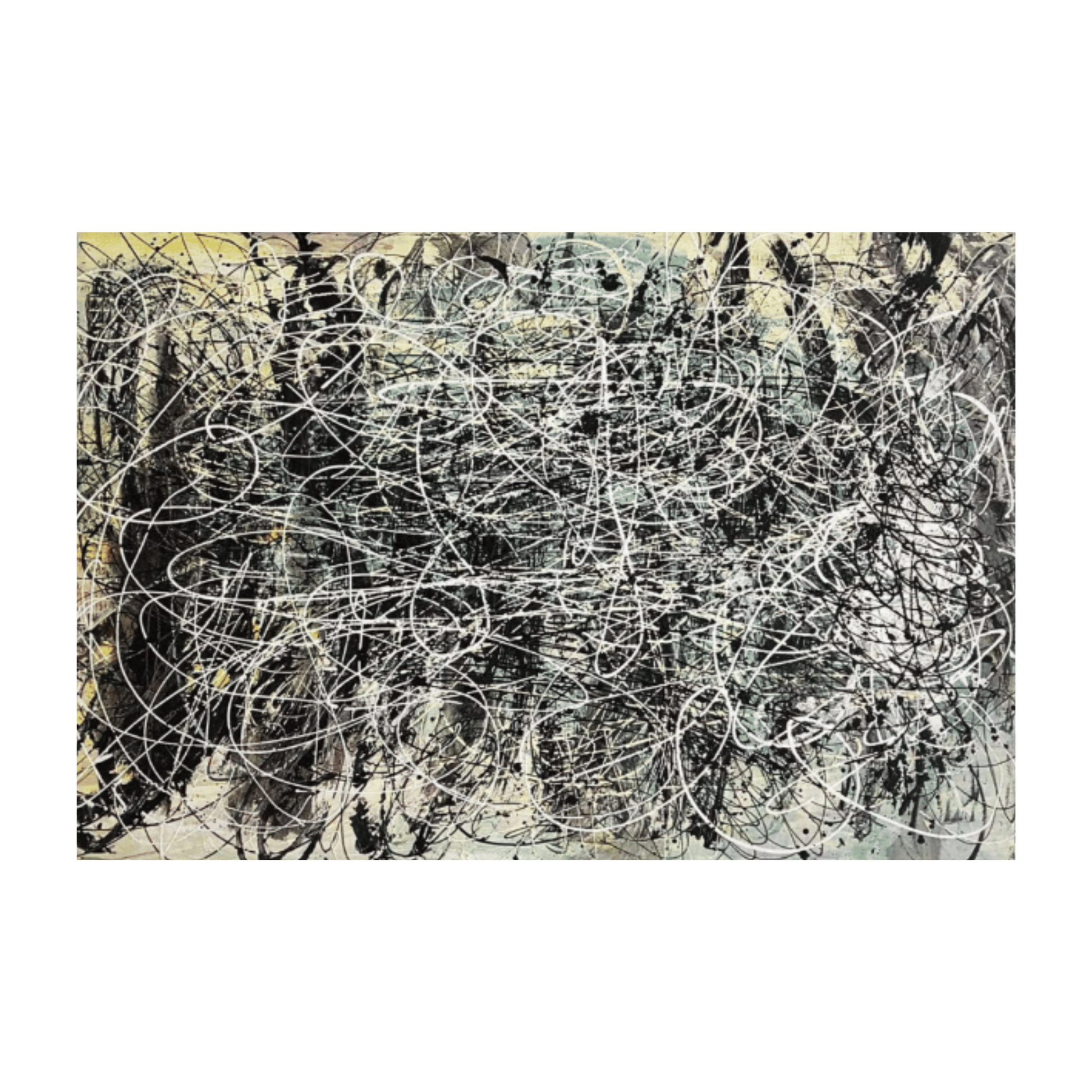 Pollock-inspired black and white drip abstract canvas with charcoal webs and soft grey tones, hand-painted wall art